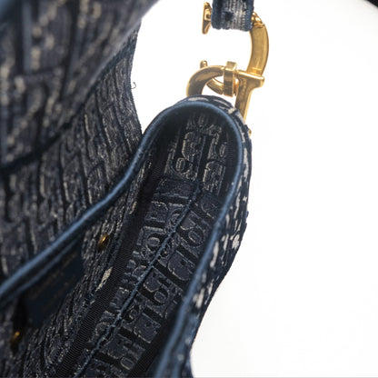 Christian Dior Saddle Bag Velvet Navy Dior Oblique Embroidery Gold Hardware