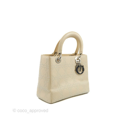 Christian Dior Lady Dior White Studded Light Beige Silver Hardware