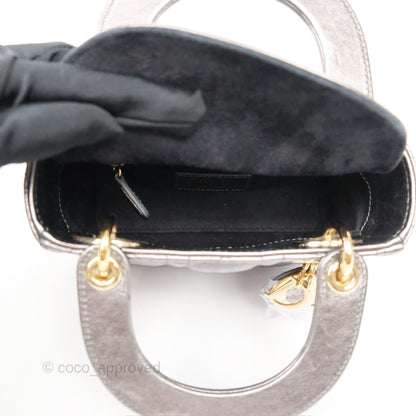 Christian Dior Mini Lady Dior Metallic Dark Grey Lambskin Cannage Gold Hardware