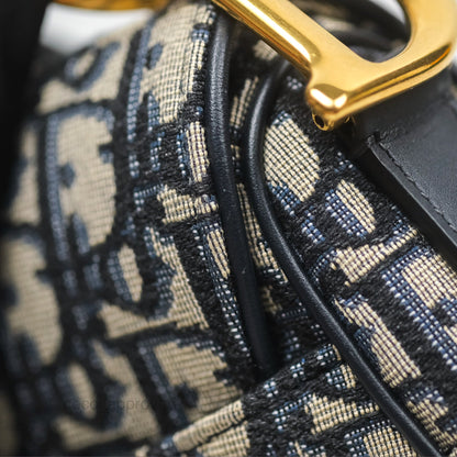 Christian Dior Saddle Bag Navy Dior Oblique Embroidery Gold Hardware