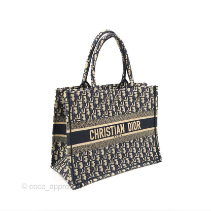 Christian Dior Medium (Old Small) Dior Navy Oblique Embroidery Canvas Book Tote