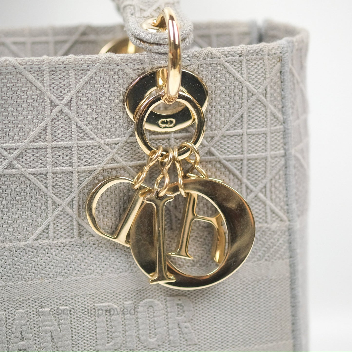 Christian Dior Medium Lady D-Lite Bag Gray Cannage Embroidery Gold Hardware