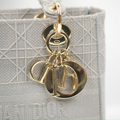 Christian Dior Medium Lady D-Lite Bag Gray Cannage Embroidery Gold Hardware