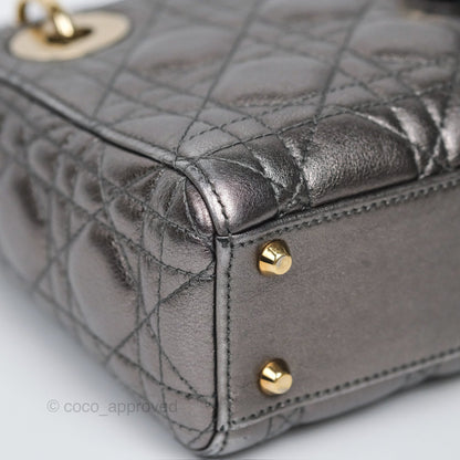Christian Dior Mini Lady Dior Metallic Dark Grey Lambskin Cannage Gold Hardware