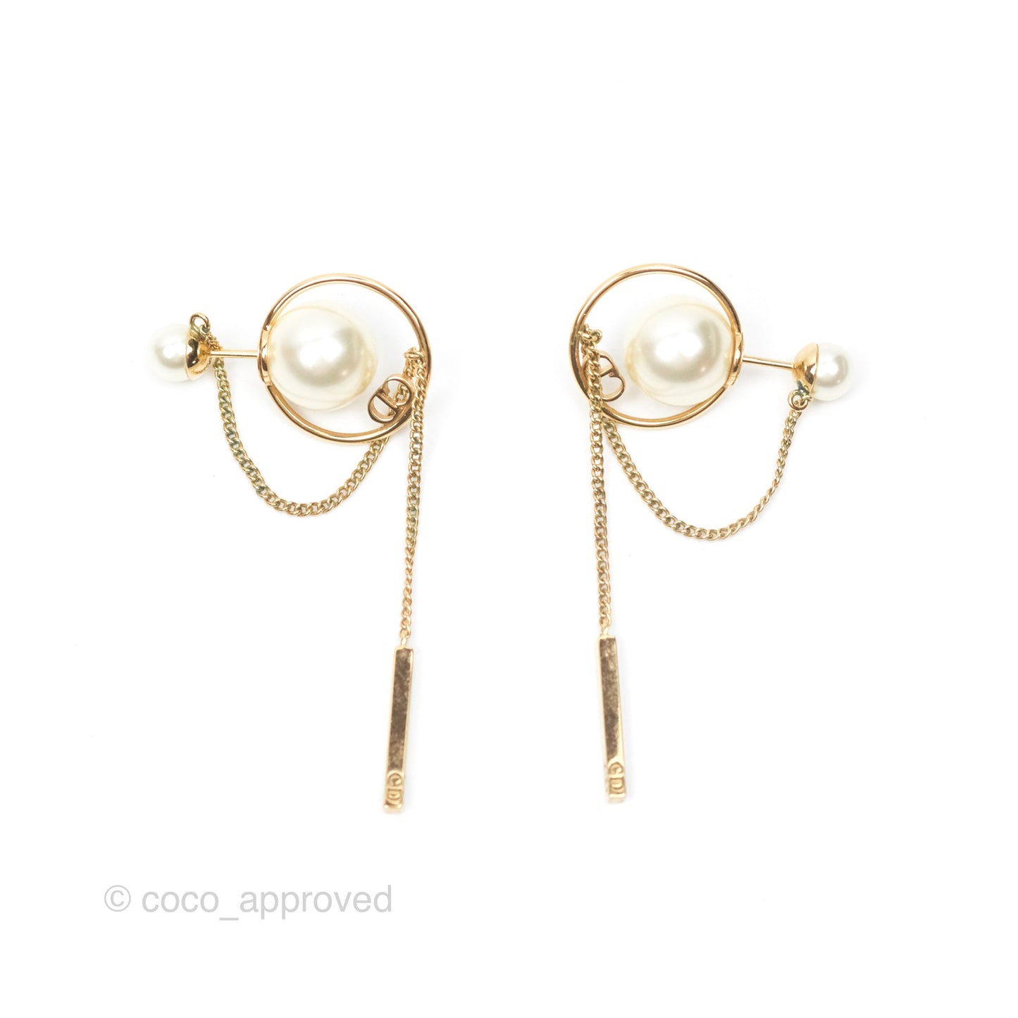 Christian Dior CD Pearl Long Drop Earrings Gold Tone