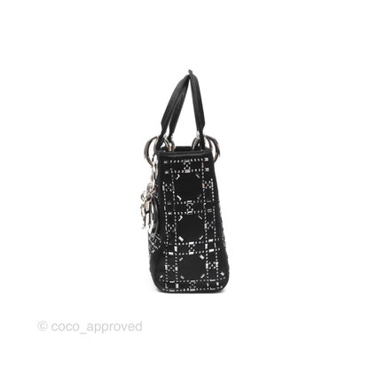 Christian Dior Mini Lady Dior Bag Black Strass Cannage Satin Silver Hardware
