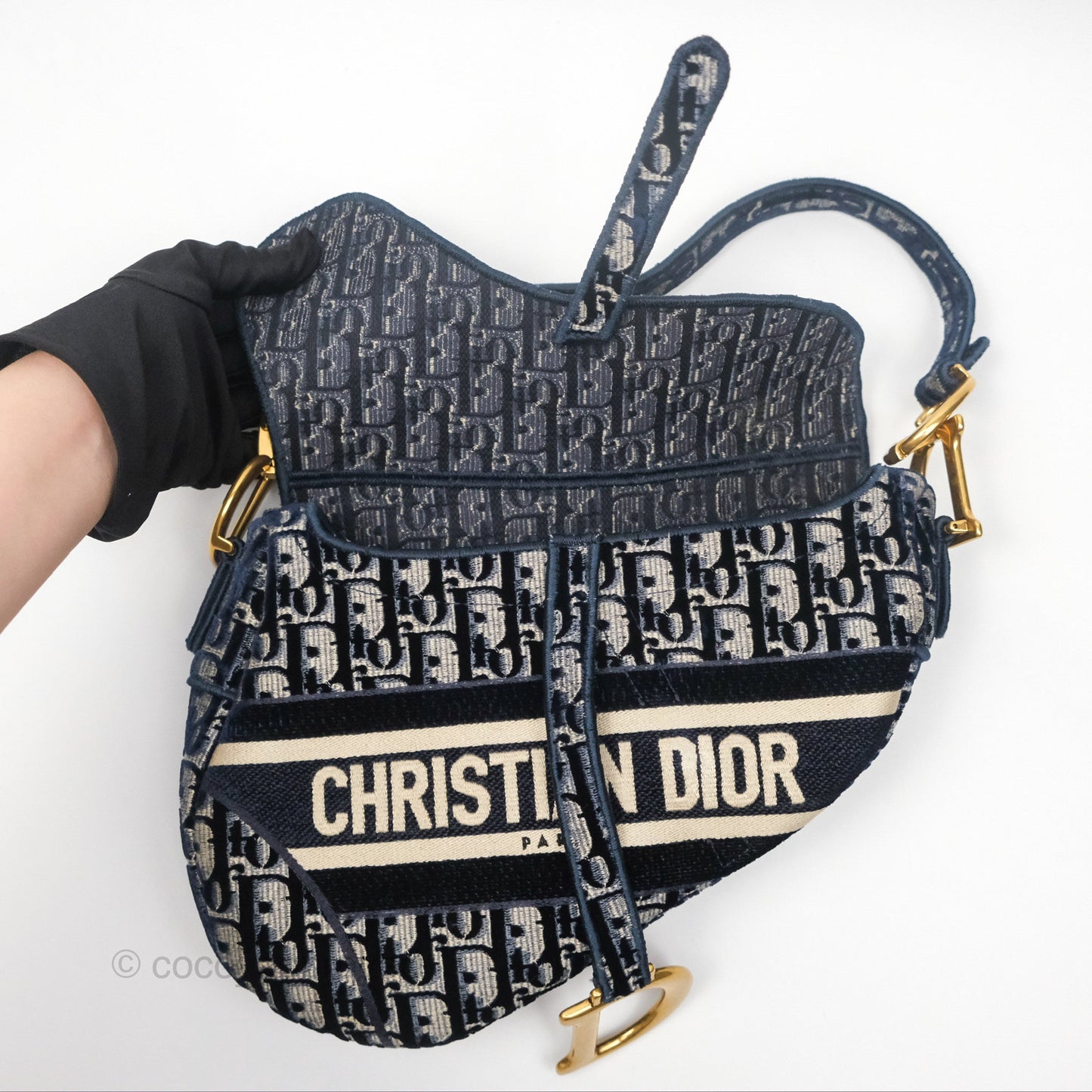 Christian Dior Saddle Bag Velvet Navy Dior Oblique Embroidery Gold Hardware