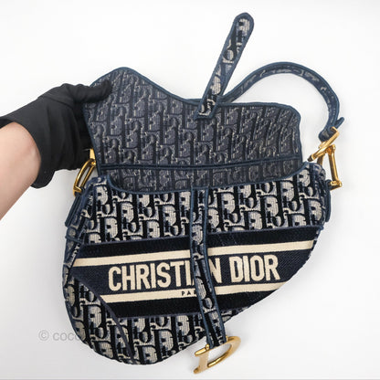 Christian Dior Saddle Bag Velvet Navy Dior Oblique Embroidery Gold Hardware