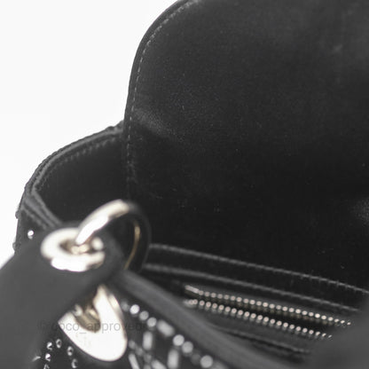 Christian Dior Mini Lady Dior Bag Black Strass Cannage Satin Silver Hardware