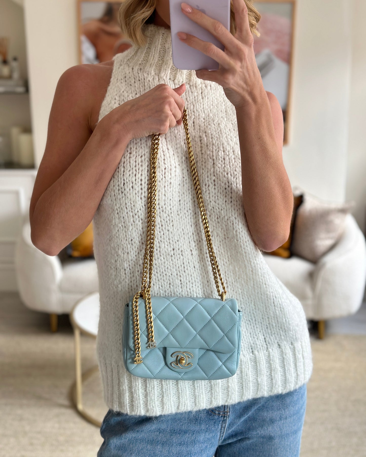 Chanel Powder Blue Mini Square Flap Bag with Gold Hardware