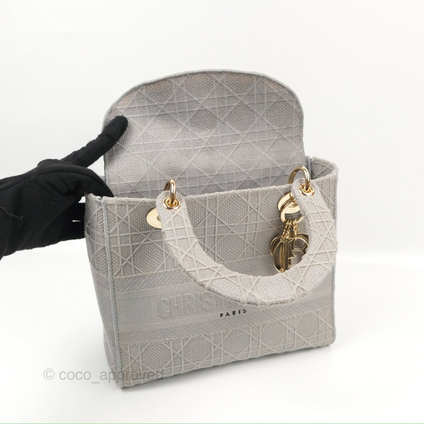 Christian Dior Medium Lady D-Lite Bag Gray Cannage Embroidery Gold Hardware