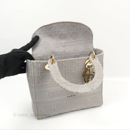 Christian Dior Medium Lady D-Lite Bag Gray Cannage Embroidery Gold Hardware