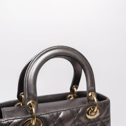 Christian Dior Medium Lady Dior Metallic Dark Grey Lambskin Gold Hardware
