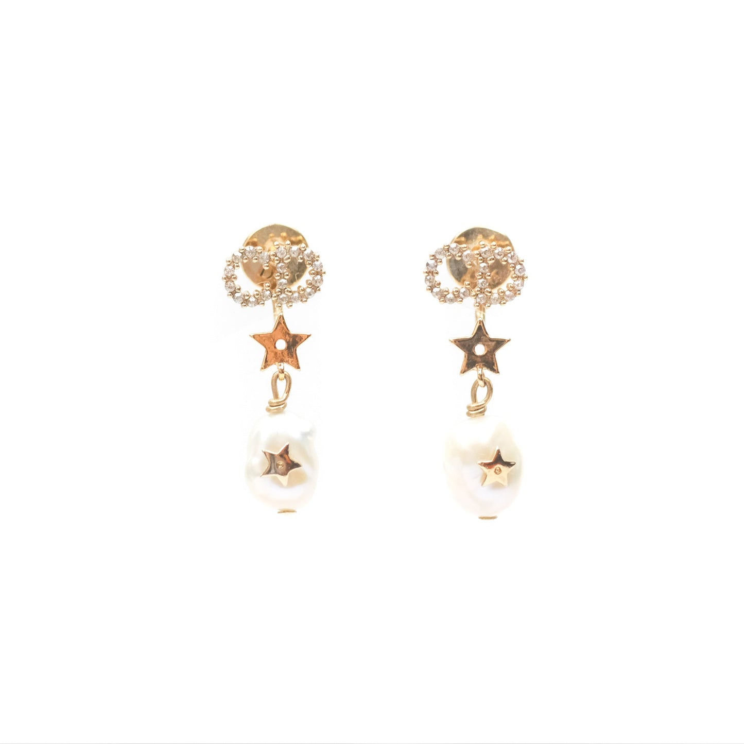 Dior CD Star Pearl Drop Earrings Gold Tone