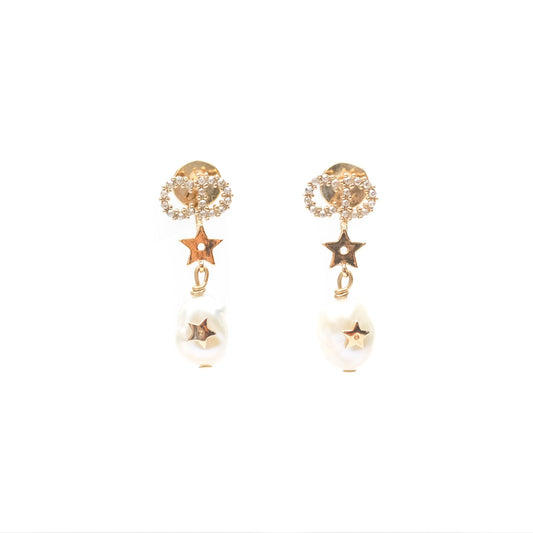 Dior CD Star Pearl Drop Earrings Gold Tone