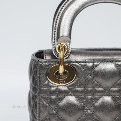 Christian Dior Mini Lady Dior Metallic Dark Grey Lambskin Cannage Gold Hardware