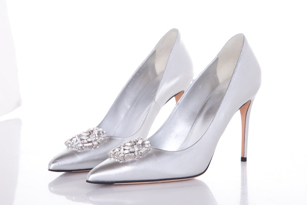 Gucci Metallic Silver Embellished Toe Heels SZ 38.5