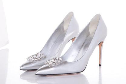Gucci Metallic Silver Embellished Toe Heels SZ 38.5