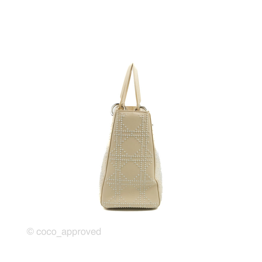 Christian Dior Lady Dior White Studded Light Beige Silver Hardware