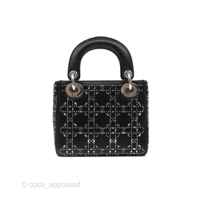Christian Dior Mini Lady Dior Bag Black Strass Cannage Satin Silver Hardware