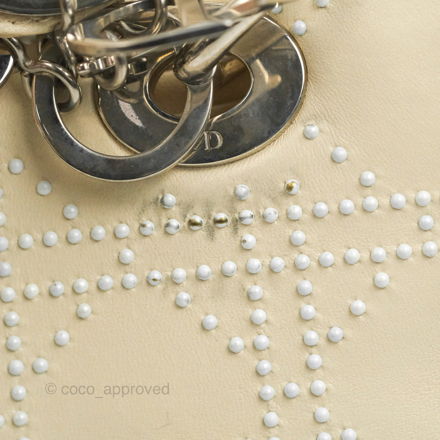 Christian Dior Lady Dior White Studded Light Beige Silver Hardware
