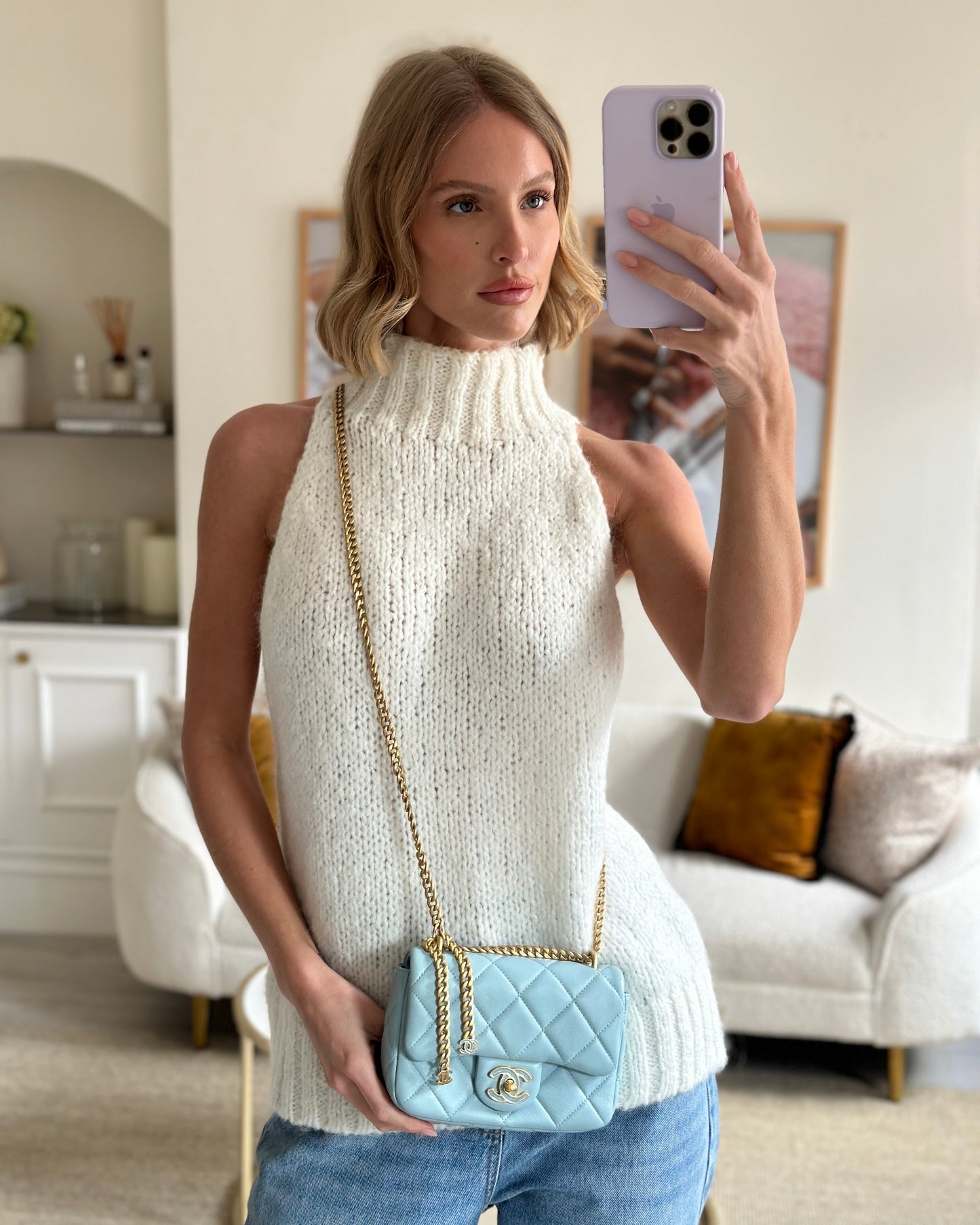 Chanel Powder Blue Mini Square Flap Bag with Gold Hardware