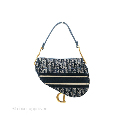 Christian Dior Saddle Bag Velvet Navy Dior Oblique Embroidery Gold Hardware