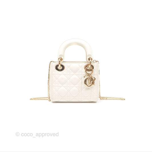 Christian Dior Cannage Mini Lady Dior White Gold Hardware