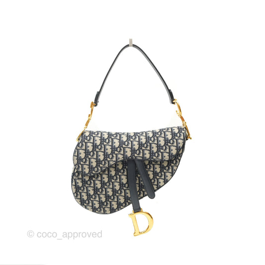 Christian Dior Saddle Bag Navy Dior Oblique Embroidery Gold Hardware