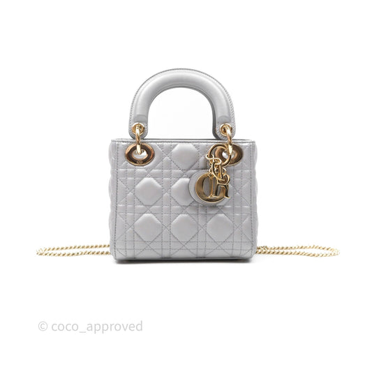 Christian Dior Mini Lady Dior Iridescent Grey Lambskin Cannage Gold Hardware