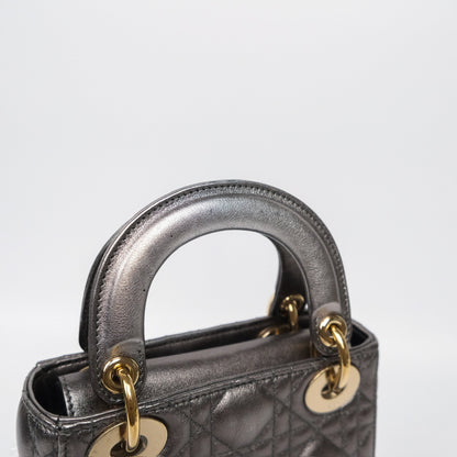 Christian Dior Mini Lady Dior Metallic Dark Grey Lambskin Cannage Gold Hardware
