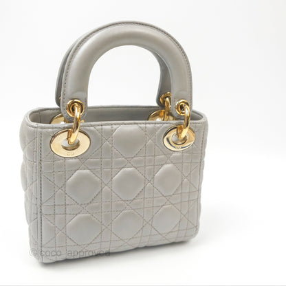 Christian Dior Mini Lady Dior Iridescent Light Grey Cannage Lambskin Gold Hardware