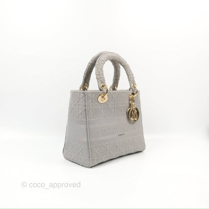 Christian Dior Medium Lady D-Lite Bag Gray Cannage Embroidery Gold Hardware