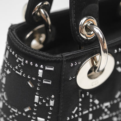 Christian Dior Mini Lady Dior Bag Black Strass Cannage Satin Silver Hardware