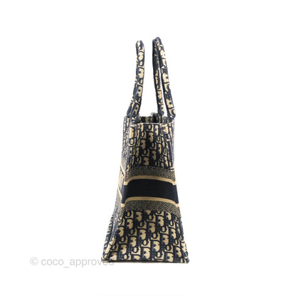 Christian Dior Medium (Old Small) Dior Navy Oblique Embroidery Canvas Book Tote