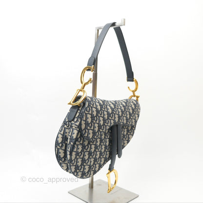 Christian Dior Saddle Bag Navy Dior Oblique Embroidery Gold Hardware