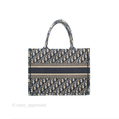 Christian Dior Medium (Old Small) Dior Navy Oblique Embroidery Canvas Book Tote
