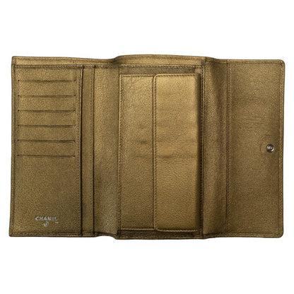 Chanel Cocomark Three Folded Wallet Long Wallet Metal Curry Leather  CHANEL