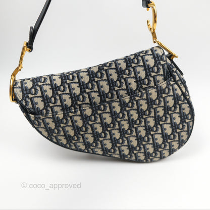 Christian Dior Saddle Bag Navy Dior Oblique Embroidery Gold Hardware