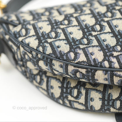 Christian Dior Saddle Bag Navy Dior Oblique Embroidery Gold Hardware