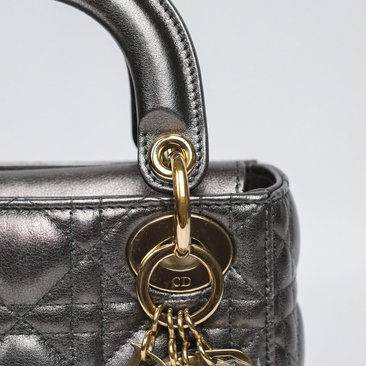 Christian Dior Mini Lady Dior Metallic Dark Grey Lambskin Cannage Gold Hardware
