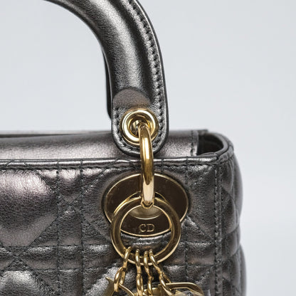 Christian Dior Mini Lady Dior Metallic Dark Grey Lambskin Cannage Gold Hardware
