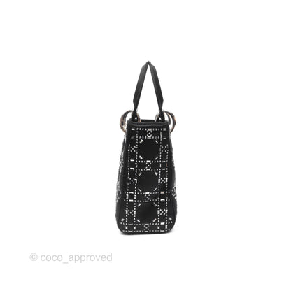 Christian Dior Mini Lady Dior Bag Black Strass Cannage Satin Silver Hardware