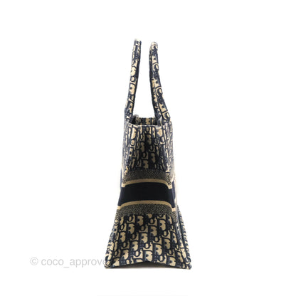 Christian Dior Medium (Old Small) Dior Navy Oblique Embroidery Canvas Book Tote