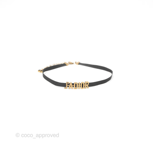 Dior J'adior Ribbon Choker Necklace Black Aged Gold Tone