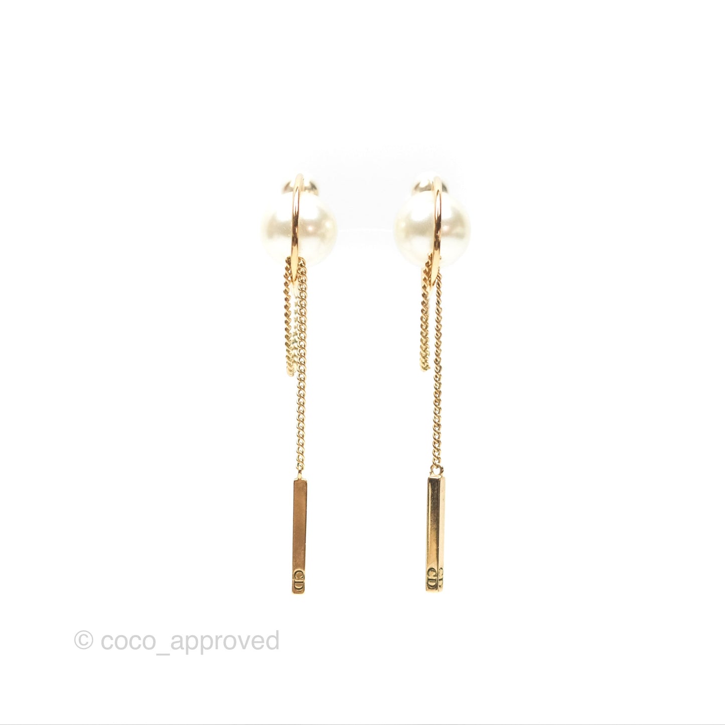 Christian Dior CD Pearl Long Drop Earrings Gold Tone