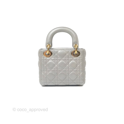 Christian Dior Mini Lady Dior Iridescent Light Grey Cannage Lambskin Gold Hardware