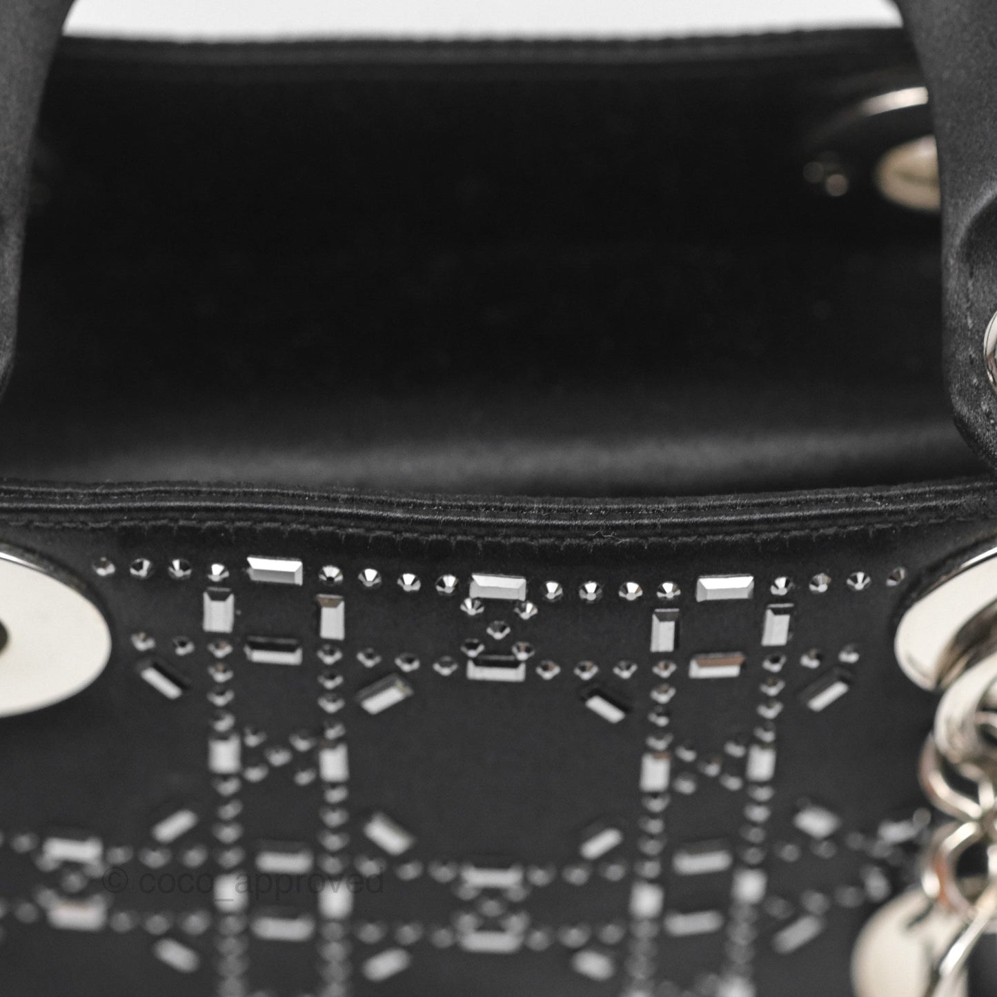 Christian Dior Mini Lady Dior Bag Black Strass Cannage Satin Silver Hardware
