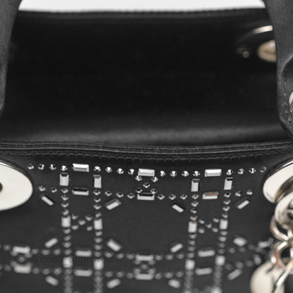 Christian Dior Mini Lady Dior Bag Black Strass Cannage Satin Silver Hardware
