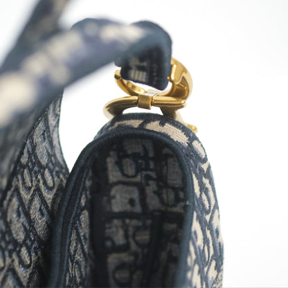 Christian Dior Navy Saddle Bag Dior Oblique Embroidery Gold Hardware